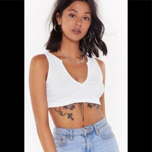 Nasty Gal White Ribbed Crop Top with Plunging Scoop Neckline